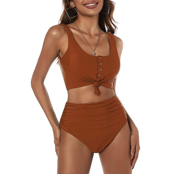 Other - Swimsuit Women S Brown High Waisted Tank Tie Front Retro Bikini 151 NWT